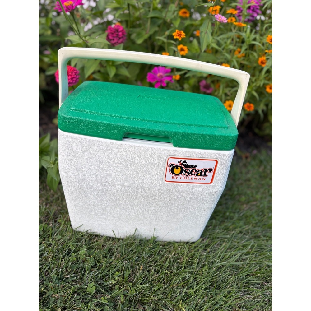 Coleman Lil' Oscar Cooler 1980's  White w/ Green Top Rare VTG 16 its Thermos USA